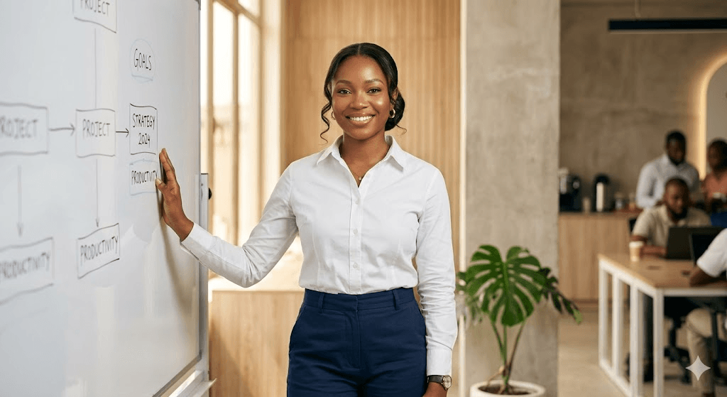 Tutor standing beside a whiteboard