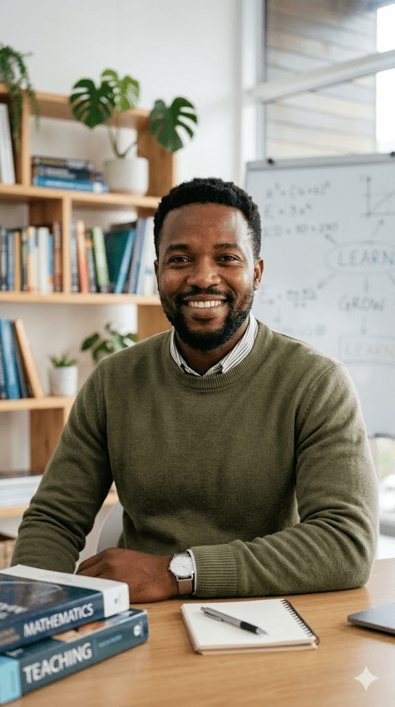 Tutor smiling while working from a laptop